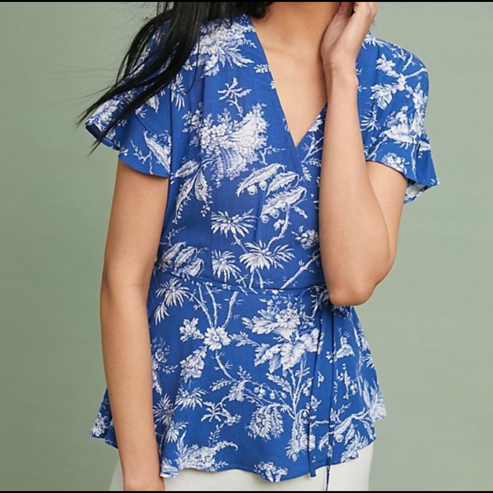 Blue patterned wrap top